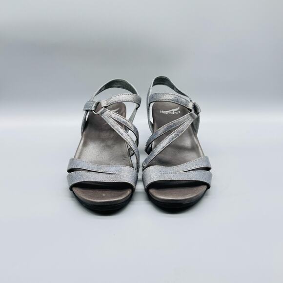 Dansko Sandals Womens 8.5 Silver Leather Addyson Strappy Wedge Heel Comfort - Picture 3 of 11